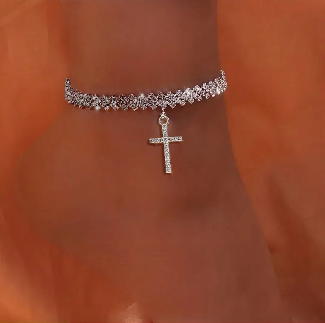 SILVER CROSS PENDANT ANKLET BLING8UK