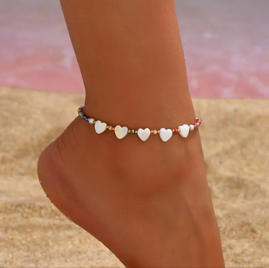 WHITE HEART BEADED ANKLET B+F 8