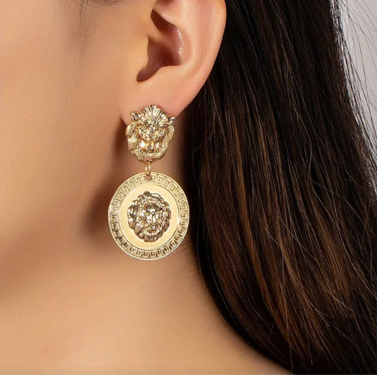 GOLDEN LION HEAD EARRINGS BLING8UK