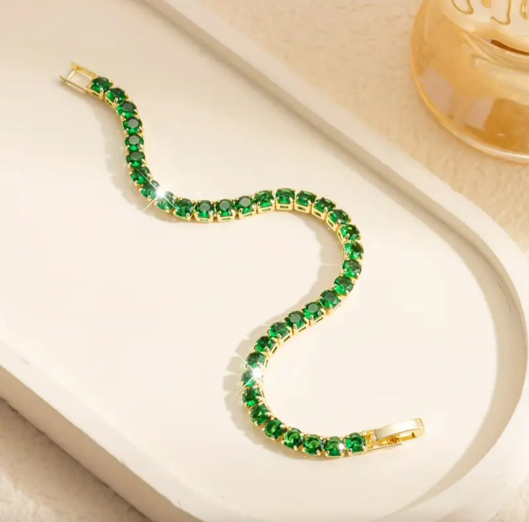 GOLD & GREEN STONE TENNIS BRACELET BLING8UK