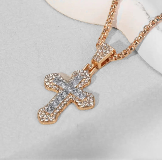 GOLDEN RINGSTONE CROSS NECKLACE BLING8UK