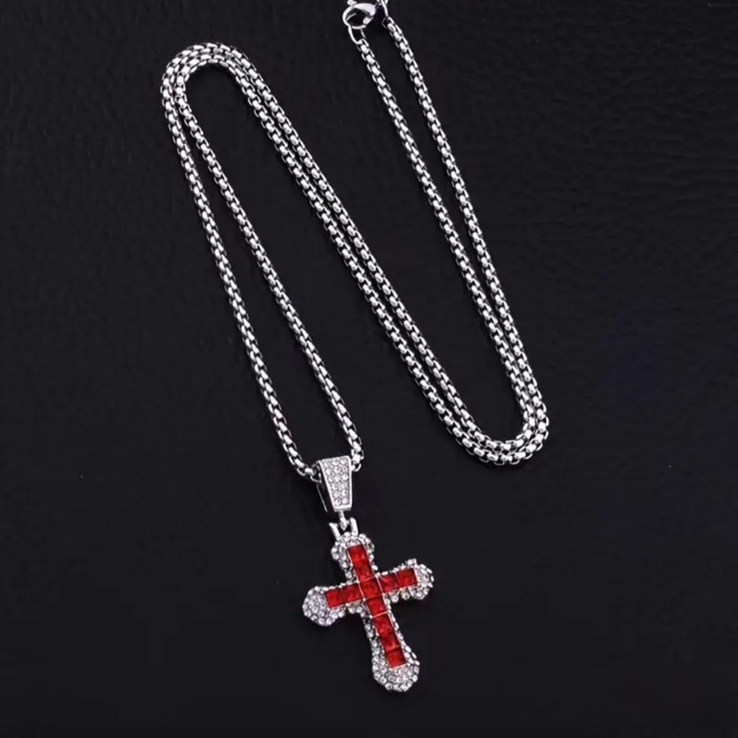 RED REINSTONE CROSS NECKLACE BLING8UK