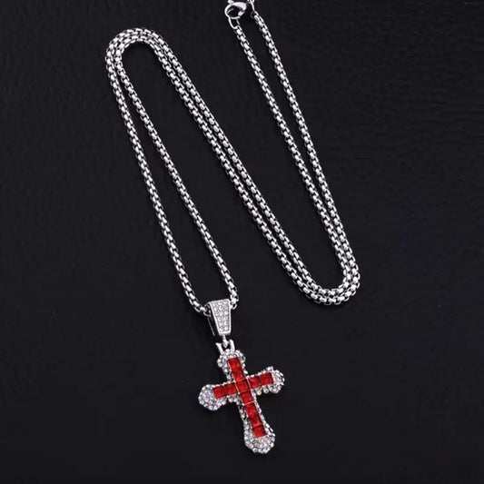 RED REINSTONE CROSS NECKLACE BLING8UK