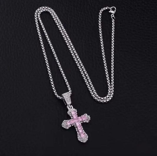 PINK RINGSTONE CROSS NECKLACE BLING8UK