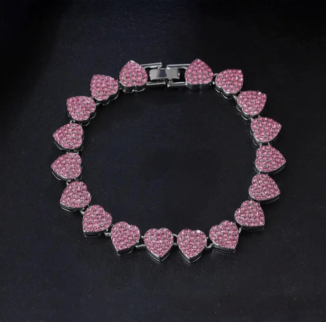 SILVER & PINK LOVE HEART BRACELET BLING8UK