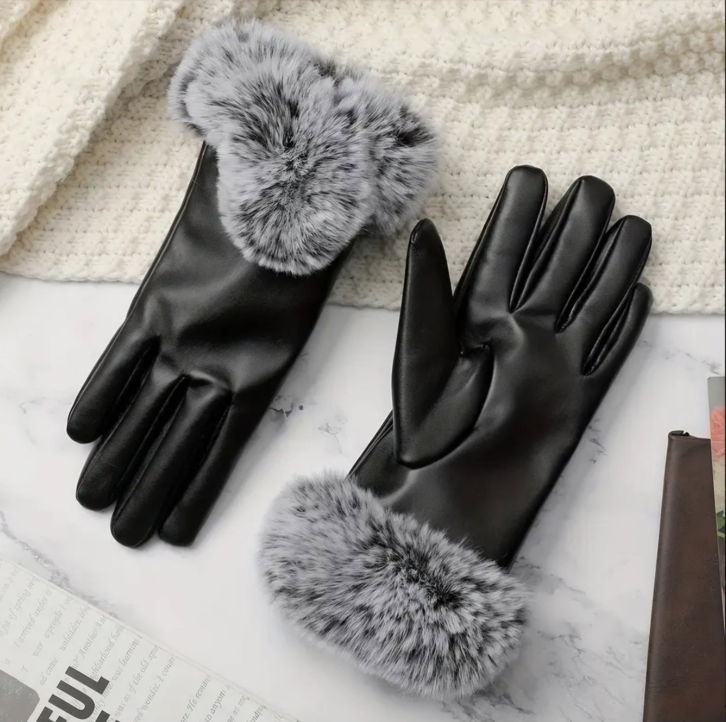 FUR WINTER LEATHER GLOVES BLING8UK