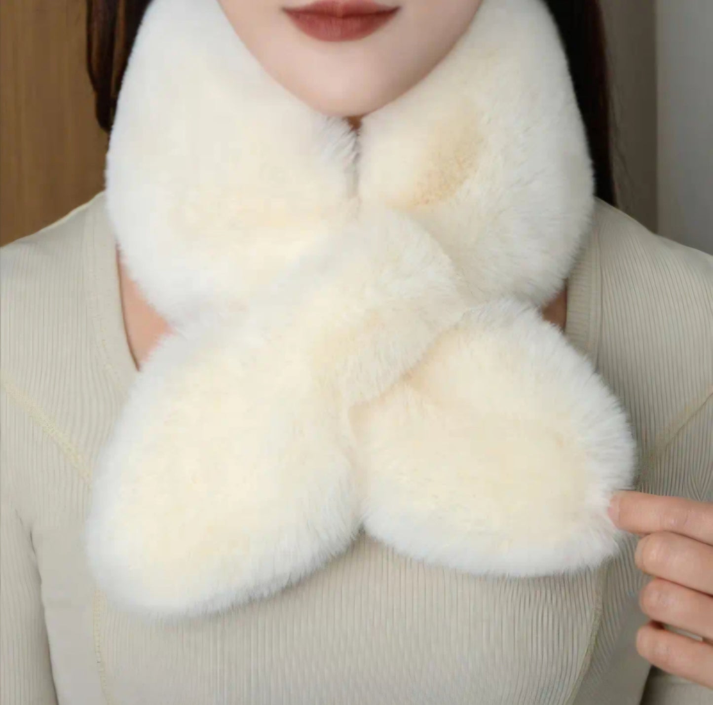 LIGHT-BEIGE PLUSH SCALF-NECK WARMER BLING8UK