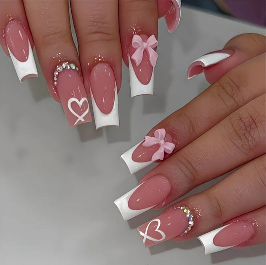 LOVE HEART PINK BOW NAILS B+F 8