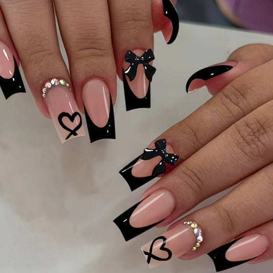 LOVE HEART BLACK BOW NAILS B+F 8