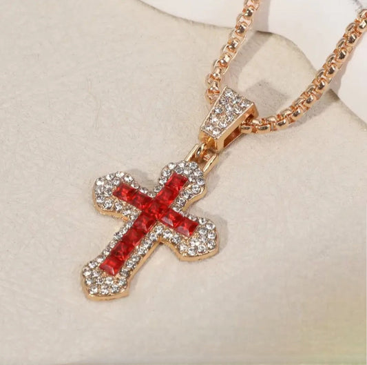 RED RINGSTONE CROSS NECKLACE BLING8UK